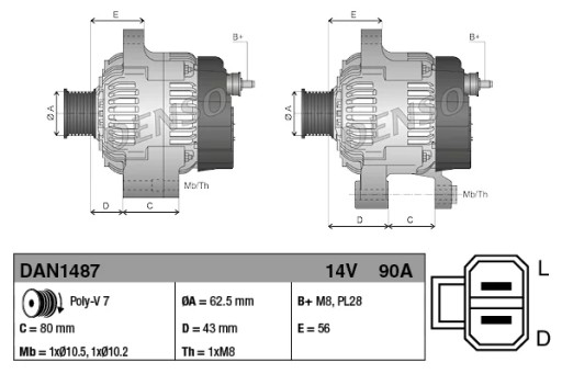 DAN1487 - Генератор (14v, 90a) isuzu d-max i, d-m