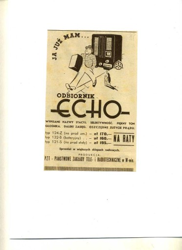 Reklama prasowa z lat 30 uw -RADIA &quot;ECHO&quot;