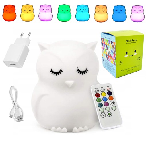 Sowa Lampka Nocna Dla Dzieci Kolorowa Silikonowa Miękka Led Rgb +usb +pilot