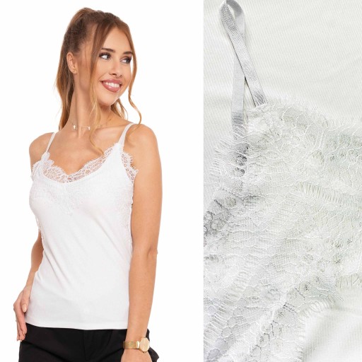 Dámsky top TRIČKO NA RAMIENKA rebrovaný s čipkou off-white S