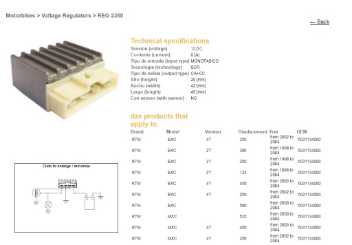 2350-01 - РЕГУЛЯТОР НАПРЯЖЕНИЯ DZE KTM EXC 2T/4T 12В/8А