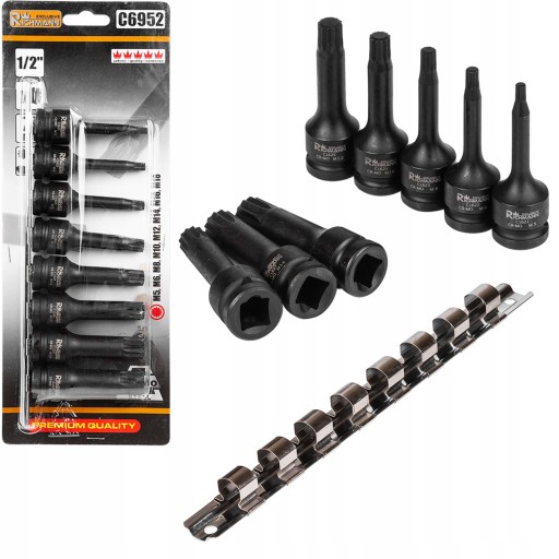 НАБІР З 8 ЕЛЕМЕНТІВ ШЛИЦЕВІ УДАРНІ ГОЛОВКИ 1/2 M5-M18 + СТРІПКА