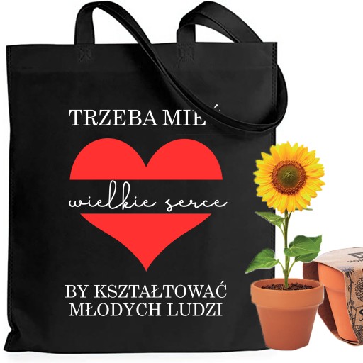Shopper táska Fekete+ Napraforgó NAGY SZÍV Pedagógusnapi Ajándék