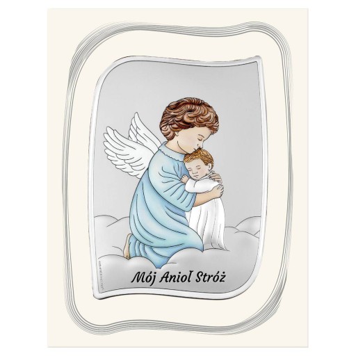 Srebrny obrazek na chrzest z aniołem stróżem 14x11