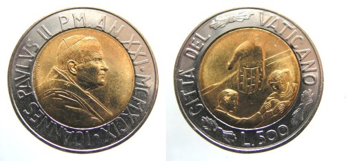 2086 WATYKAN JP II 500 LIRÓW, 1999, CZAS WYBORU...