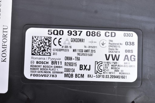 comfort control unit 5Q0937086CD VW GOLF 7 VII 1.6 TDI 115 KM LIFT 17-20