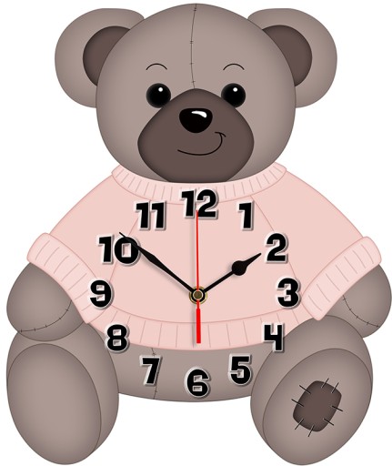 Плюшевий ведмедик у светрі, тихий настінний годинник лосось