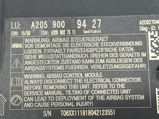 MERCEDES C-KLASA W205 module of the airbags POWIETRZNYCH A2059009427 A2059017613