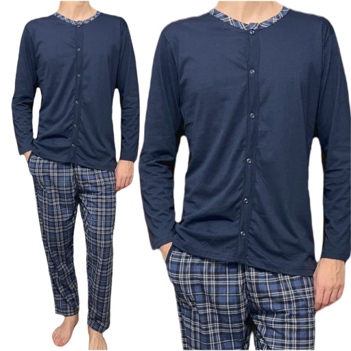 Pánske pyžamo so zapínaním na gombíky tmavomodré nohavice kockované XXL