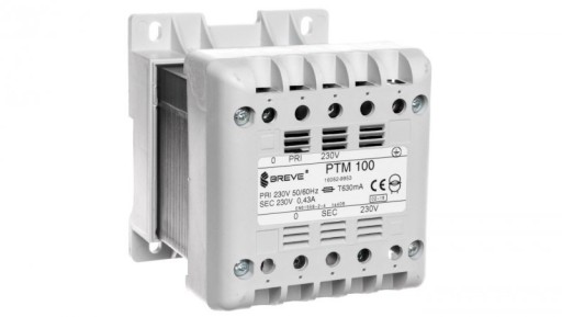 1-fázový transformátor PTM 100VA 230/230V /na koľajniciach