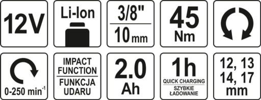 УДАРНАЯ ТРЕЩОТКА YATO 12 В (2,0 Ач; 1 ч; 45 Нм)