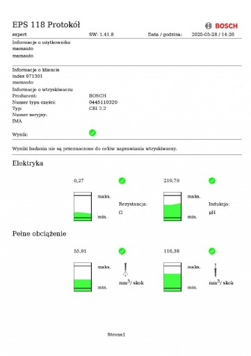 nozzle injector test 33800-2A900 0445110320 KIA CEED 1 and 1.6 CRDI 116 KM