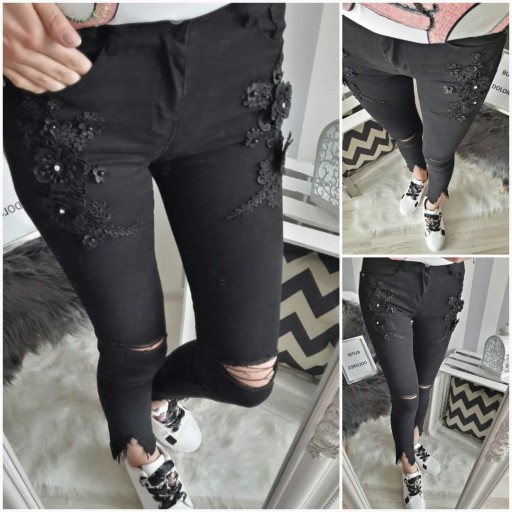 Spodnie jeansowe kwiaty przetarcia czarne S