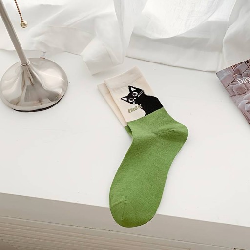Pár Ponožky So Vzorom V Očarujúce Mačky Zelené
