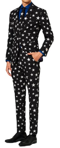 OPPOSUITS Pánsky oblek s kravatou, čierny s bielymi hviezdičkami, vzor 54 L/XL