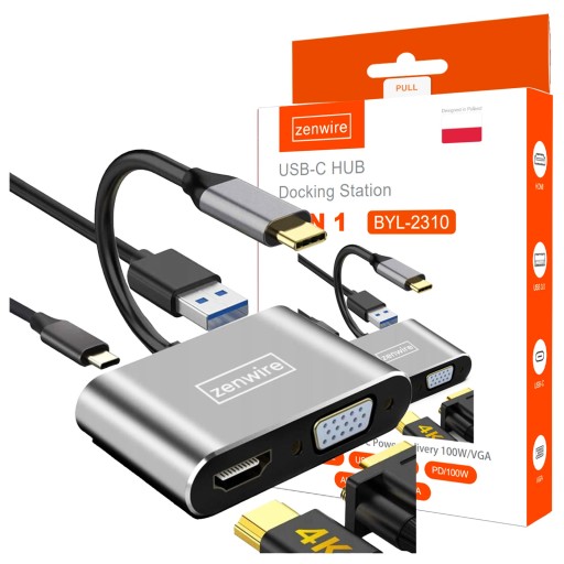 Adapter Hub Przejściówka Usb-c Adapter 4W1 Hdmi 4K Vga Usb 3.0 Zenwire