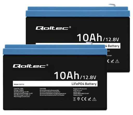 2 перезаряжаемые литиевые батареи qoltec lifepo4 12,8 в 12 в 10 ач (10 а) bms 1,3 кг