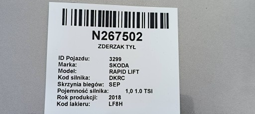 bumper rear part PDC LF8H HB SKODA RAPID LIFT