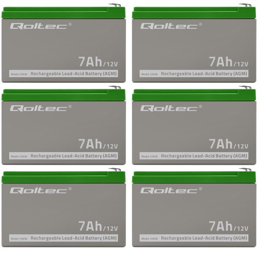 6 аккумуляторов qoltec agm 12 в, 7 ач, макс. 105 а