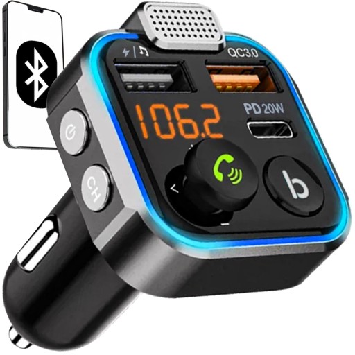 Bluetooth FM vysielač Nabíjačka Adaptér 2xUSB + USB Typ-C Mp3 Car