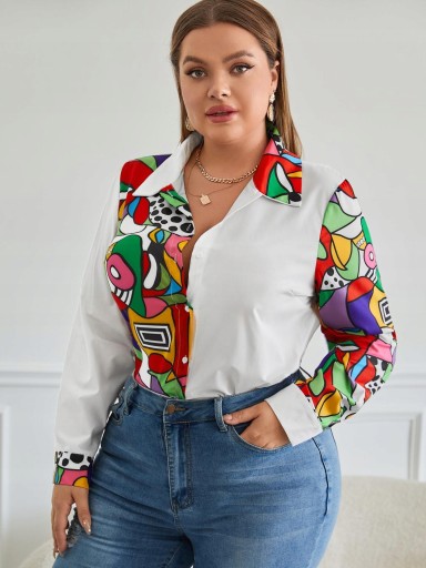 GEOMETRICKÝ VZOR PLUS SIZE SHEIN 46 BIELA KOŠEĽA S DLHÝM RUKÁVOM