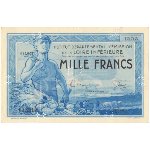 Francja, Nantes, 1000 Francs, 1940, Egzemplarz, AU