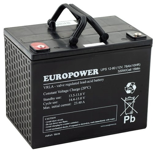Акумулятор agm акумулятор vrl необслуговуваний europower ups 12v 80ah ups80 12-80