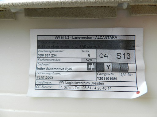Volkswagen Phaeton cover slupka A right front 3D0867234R N58240