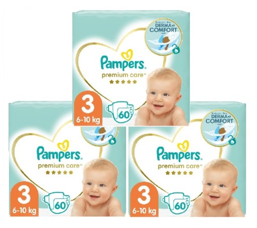 3× Підгузки Pampers Premium Care 3 розмір 6-10 кг 60 шт.