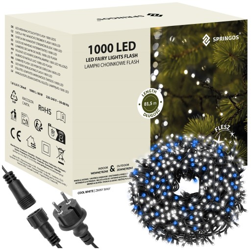 ❄️ HIT CENOWY! 1000 LED, 81,5m! Profesjonalne Lampki Zewnętrzne Zimna Biel 8 Funkcji.