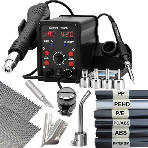 8786D АППАРАТ ДЛЯ СВАРКИ ПЛАСТМАССЫ ПАЯЛЬНОЕ СОПЛО 8x НАСАДКИ 6x ПЛАСТМАССЫ 2x СЕТКА