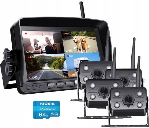 4x Kamera Full Hd Bezprzewodowy Zestaw Cofania 64GB Zestaw Parkowania