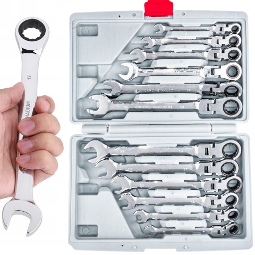 КЛЮЧИ НАКИДНЫЕ С ТРЕЩОТКОЙ, СЛОМАННЫЕ 8-19ММ, 12 ШТ. В КОРОБКЕ