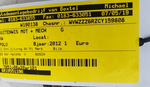 VW POLO 6R wiper mechanism 6R1955023c