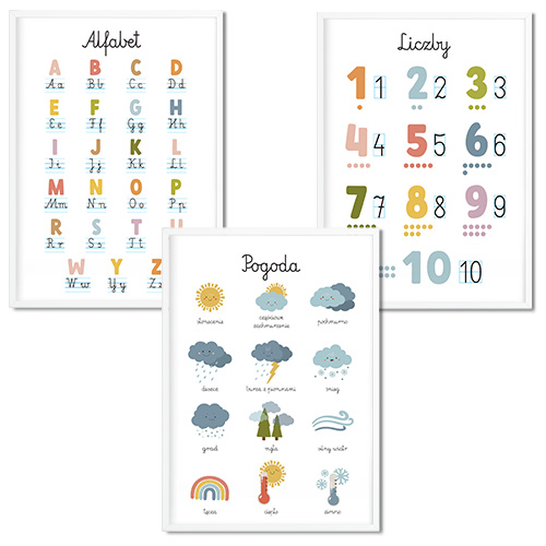 Zestaw 3 plakatów 30x40 cm Edukacyjne Różne wzory Alfabet Liczby Montessori