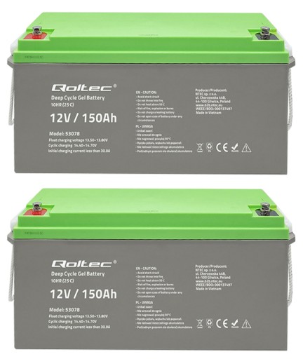 2 гелевых аккумулятора qoltec longlife 12 в 150 ач, солнечные панели для лодок и кемперов