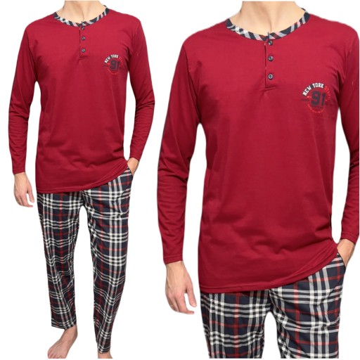 Pánske bordové pyžamo s dlhými kockovanými nohavicami New York M