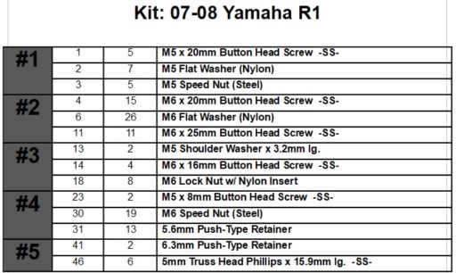 R10708 - Yamaha YZF-R1 07-08-болты обтекателя KPL
