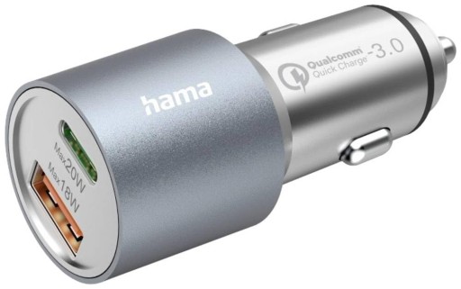 Автомобильное зарядное устройство Hama: 1 разъем USB-C для подачи питания, 1 зарядное устройство USB-A для быстрой зарядки (38 Вт, 12–2 шт.)