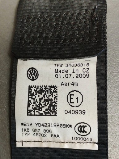 Volkswagen Scirocco Gurten Sicherheits rechts heck 1K8857806