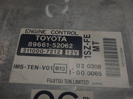 control unit of the engine 89661-52062 Toyota Yaris and (1999-2005)