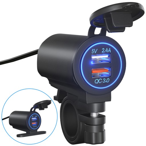 ЗАРЯДНОЕ УСТРОЙСТВО ДЛЯ МОТОЦИКЛА USB 2.4A + USB QC3.0 + КНОПКА