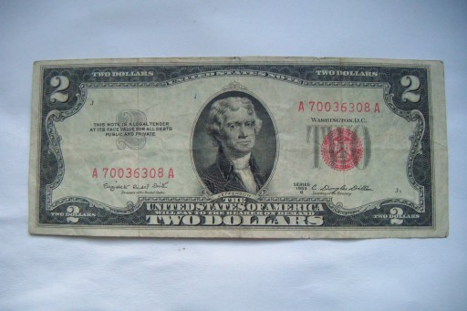 Banknot USA 2 $ Dolar 1953 r. seria B Czerwona pieczęć