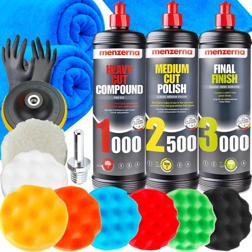 НАБОР ПОЛИРОВАЛЬНЫХ ПАСТ MENZERNA 3 ТИПА + НАБОР ГУБОК XXL