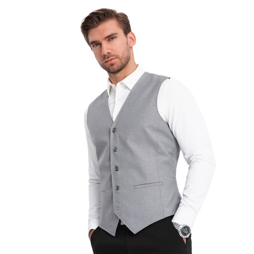 Pánska obleková vesta bez chlopní šedá V3 OM-BLZV-0112 S
