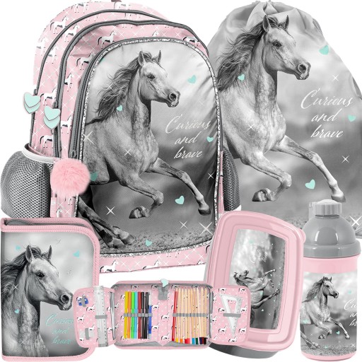 Рюкзак шкільний багатокамерний Paso Horse сіро-рожевий 38х28х15 см