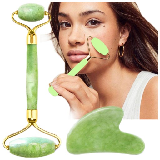 MASÁŽNIK ROLLER pravý nefritový kameň na tvár + GUA SHA set