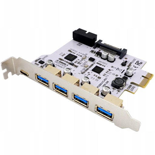 Karta adaptér pre počítač PCI PCIe 1X na 4x USB A 1x USB C 3.1 Gen1 biela
