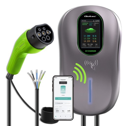 Зарядна станція Qoltec EV 2in1 Type2 | 22кВт | Wi-Fi| ЖК | RFID | 3 фази | IN
