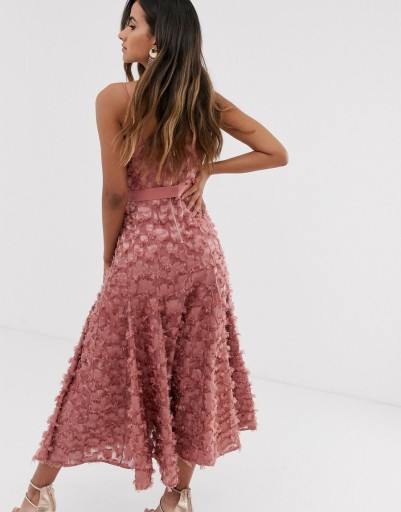 Forever u midi dress with fringe 3d fabrication in top dusty pink